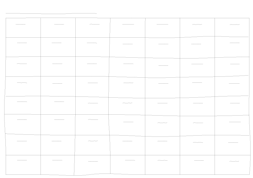 横8列×縦7行の枠組みで構成された、手書き風のシンプルな週間予定表。PDF素材用の白黒デザイン。A4横バージョン