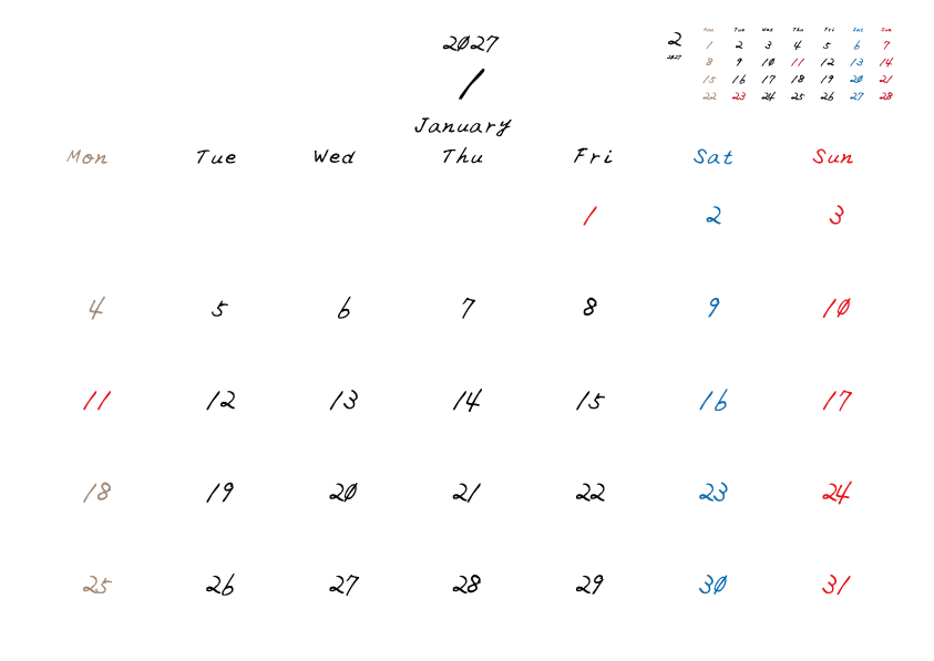 2027年1月のカレンダーPDF
月曜日はじまり
日曜赤、土曜青、月曜ベージュ