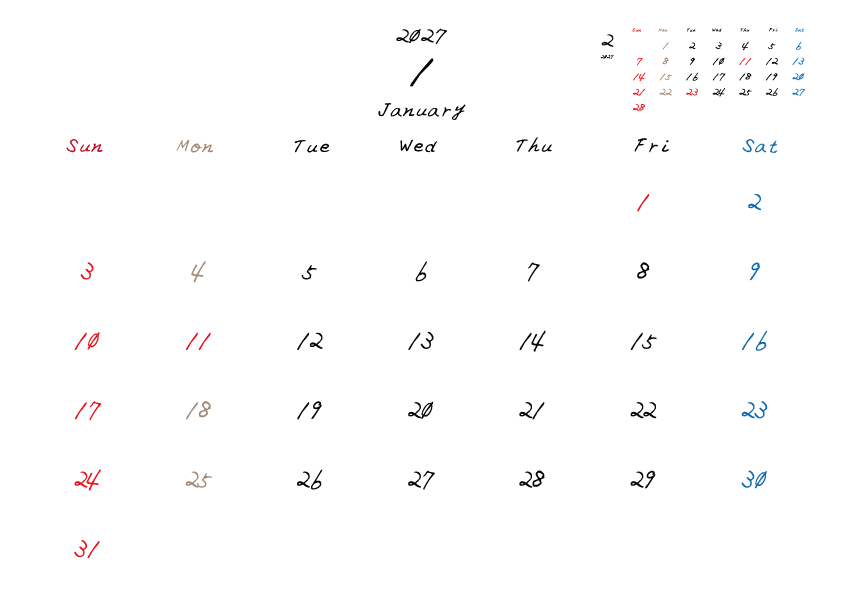 2027年1月のカレンダーPDF
日曜日はじまり
日曜赤、土曜青、月曜ベージュ