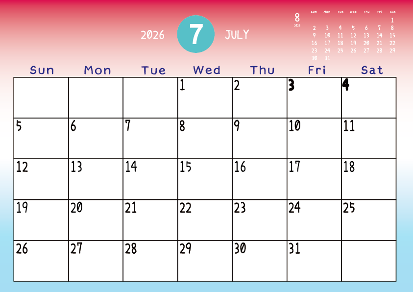 2026年7月
日曜始まりカレンダー
赤から青へのグラデーション背景に、右上に翌月のミニカレンダーを配置したデザイン
主なUSHolidayが太字
A Monday-start July 2026 calendar with a red-to-blue gradient background and a small preview of the August 2026 calendar in the upper right corner, with major US holidays shown in bold.
