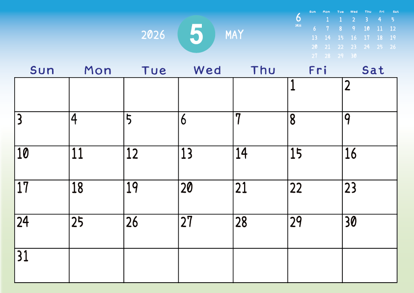 2026年5月
日曜始まりカレンダー
青から緑へのグラデーション背景に、右上に翌月のミニカレンダーを配置したデザイン

A Sunday-start May 2026 calendar with a blue-to-green gradient background and a small preview of the March calendar in the upper right corner.
