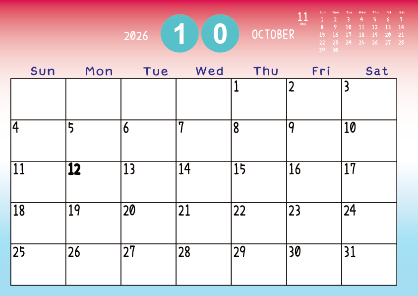 2026年10月
日曜始まりカレンダー
赤から青へのグラデーション背景に、右上に翌月のミニカレンダーを配置したデザイン
主なUSHolidayが太字
A Monday-start October 2026 calendar with a red-to-blue gradient background and a small preview of the November 2026 calendar in the upper right corner, with major US holidays shown in bold.
