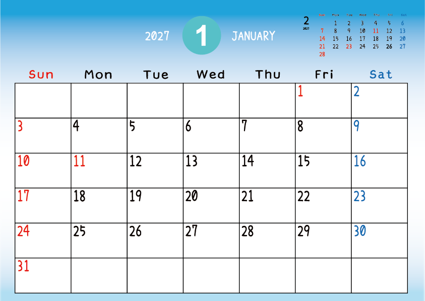 2027年1月
日曜始まりカレンダー
青のグラデーション背景に、右上に翌月のミニカレンダーを配置したデザイン
平日が黒、土曜日が青、日曜祝日が赤字
A Sunday-start January 2027 calendar with a blue gradient background and a small preview of the February 2027 calendar in the upper right corner, with weekdays in black, Saturdays in blue, and Sundays and holidays in red.
