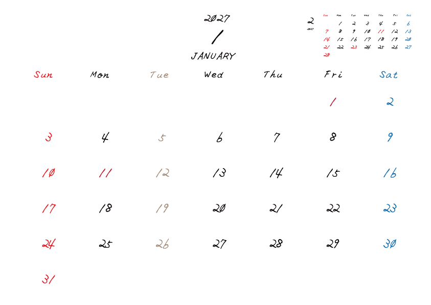 火曜日休みさんのための2027年1月の月間カレンダー。
日曜日始まり
手書き風のフォントで、火曜日がベージュ、日曜日は赤色、土曜日は青色、祝日は赤色で色分けされている。
右上には次月のミニカレンダー
PDF A4サイズ