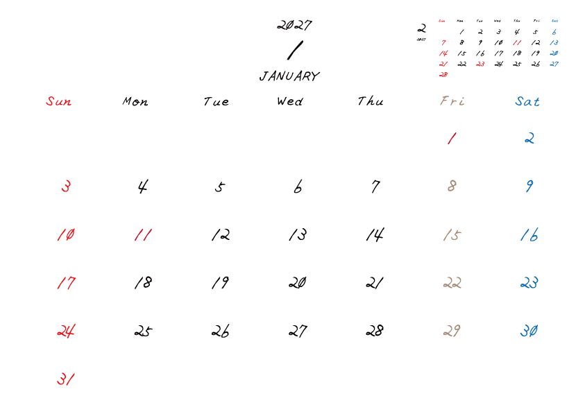 金曜日休みさんのための2027年1月の月間カレンダー。
日曜日始まり
手書き風のフォントで、金曜日がベージュ、日曜日は赤色、土曜日は青色、祝日は赤色で色分けされている。
右上には次月のミニカレンダー
PDF A4サイズ