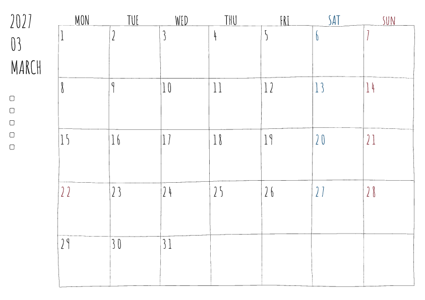 2027年3月の月間カレンダーのイラスト、月曜日始まり。 手書き風の柔らかな書体と線で描かれており、日曜日は赤色、土曜日は青色で数字が色分けされています。左側にはチェックボックス付きのメモ欄があり、全体的にシンプルでクリーンなデザインです。