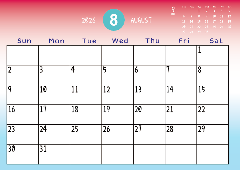 2026年8月
日曜始まりカレンダー
赤から青へのグラデーション背景に、右上に翌月のミニカレンダーを配置したデザイン
主なUSHolidayが太字
A Monday-start August 2026 calendar with a red-to-blue gradient background and a small preview of the September 2026 calendar in the upper right corner, with major US holidays shown in bold.
