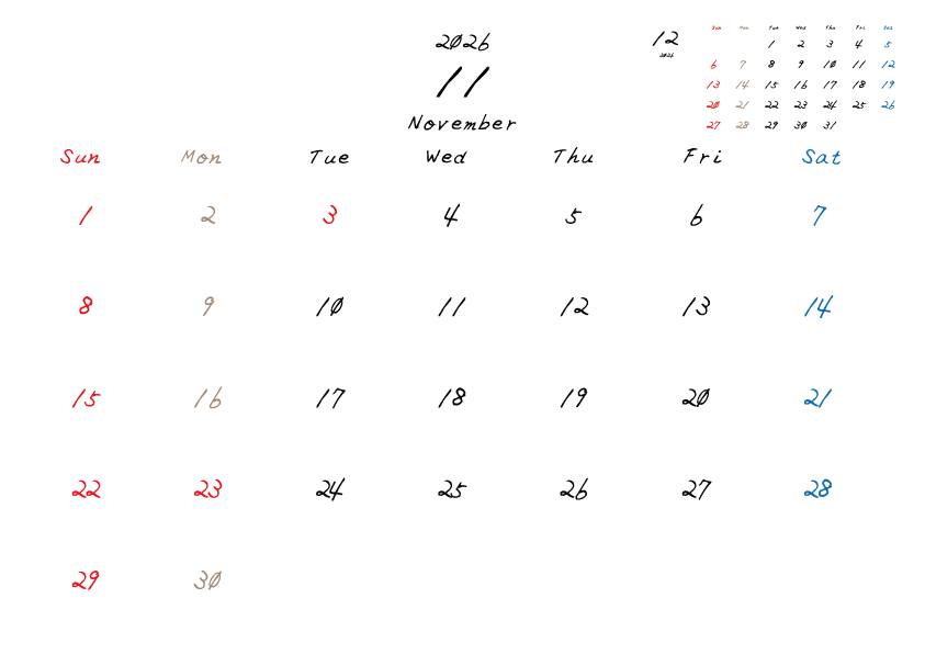 2026年11月のカレンダーPDF
日曜日はじまり
日曜赤、土曜青、月曜ベージュ