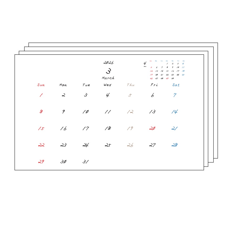 木曜日休みさんのための2026年3月~2027年3月までの月間カレンダーまとめPDF。
手書き風のフォントで、日曜始まり。木曜日がベージュ、日曜日は赤色、土曜日は青色、祝日は赤色で色分けされている。
右上には次月のミニカレンダー
PDF A4サイズ