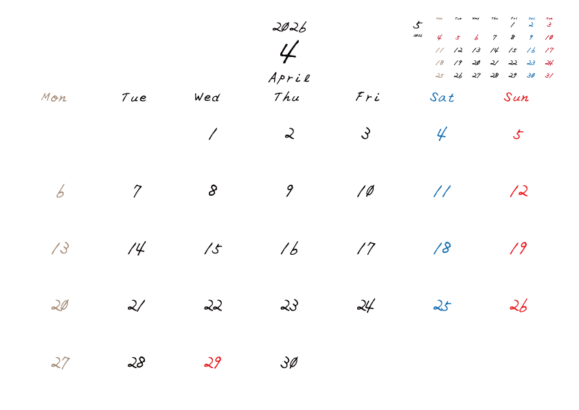 2026年4月のカレンダーPDF
月曜日はじまり
日曜赤、土曜青、月曜ベージュ