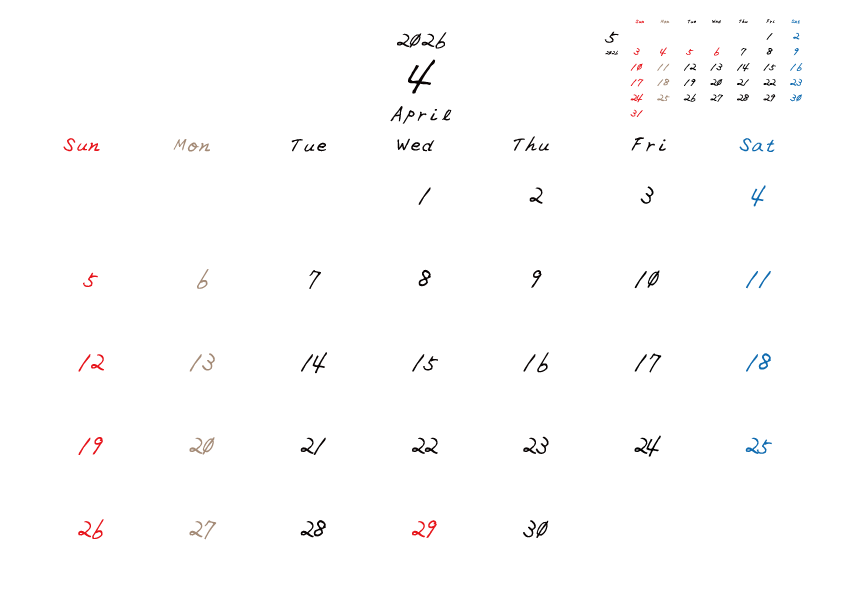 2026年4月のカレンダーPDF
日曜日はじまり
日曜赤、土曜青、月曜ベージュ