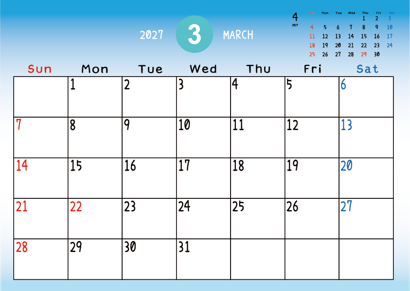 2027年3月
日曜始まりカレンダー
青のグラデーション背景に、右上に翌月のミニカレンダーを配置したデザイン
平日が黒、土曜日が青、日曜祝日が赤字
A Sunday-start March 2027 calendar with a blue gradient background and a small preview of the April 2027 calendar in the upper right corner, with weekdays in black, Saturdays in blue, and Sundays and holidays in red.