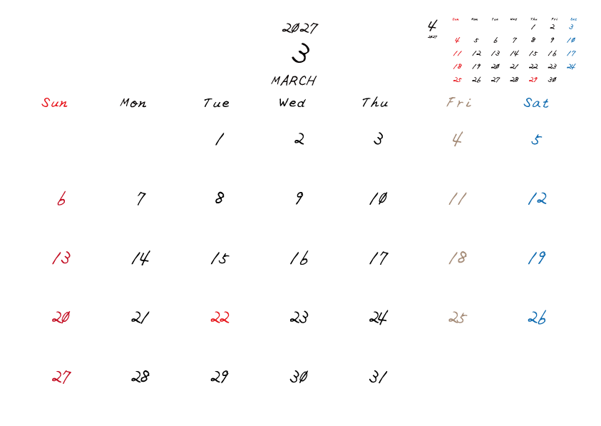 金曜日休みさんのための2027年3月の月間カレンダー。
日曜日始まり
手書き風のフォントで、金曜日がベージュ、日曜日は赤色、土曜日は青色、祝日は赤色で色分けされている。
右上には次月のミニカレンダー
PDF A4サイズ