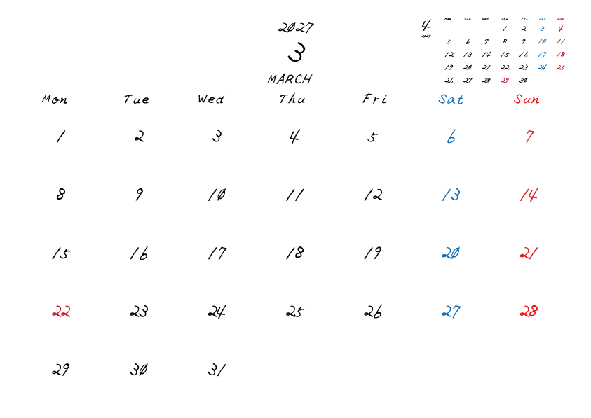 2027年2月のシンプル月間カレンダー
月曜日始まり
手書き風のフォントで、日曜日は赤色、土曜日は青色、祝日は赤色で色分けされている。
右上には次月のミニカレンダー
PDF A4サイズ