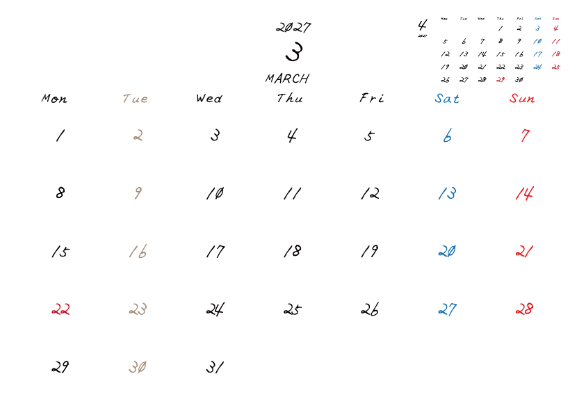 火曜日休みさんのための2027年3月の月間カレンダー。
月曜日始まり
手書き風のフォントで、火曜日がベージュ、日曜日は赤色、土曜日は青色、祝日は赤色で色分けされている。
右上には次月のミニカレンダー
PDF A4サイズ