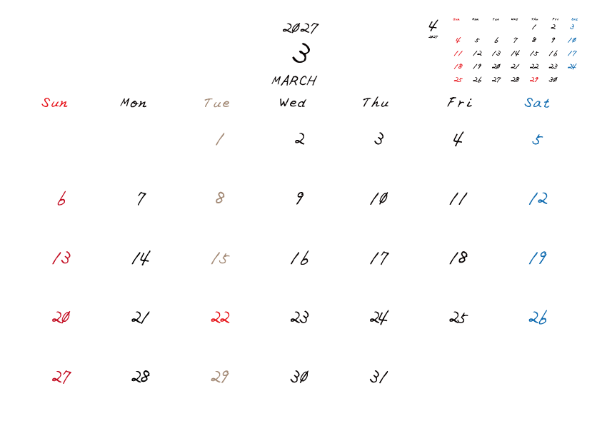 火曜日休みさんのための2027年3月の月間カレンダー。
日曜日始まり
手書き風のフォントで、火曜日がベージュ、日曜日は赤色、土曜日は青色、祝日は赤色で色分けされている。
右上には次月のミニカレンダー
PDF A4サイズ