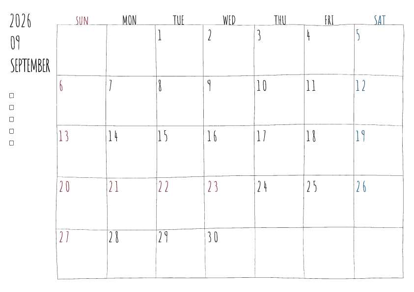 2026年9月の月間カレンダー、日曜始まり。手書き風の柔らかな書体と線で描かれており、日曜日は赤色、土曜日は青色で数字が色分けされています。左側にはチェックボックス付きのメモ欄があり、全体的にシンプルでクリーンなデザインです。