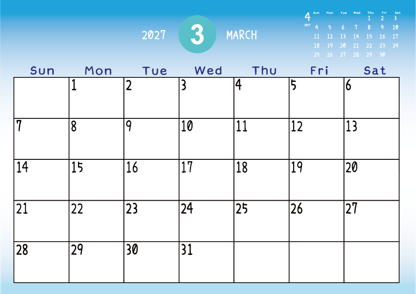 2027年3月
日曜始まりカレンダー
青のグラデーション背景に、右上に翌月のミニカレンダーを配置したデザイン
主なUSHolidayが太字
A Sunday-start March 2027 calendar with a blue gradient background and a small preview of the April 2027 calendar in the upper right corner, with major US holidays shown in bold.