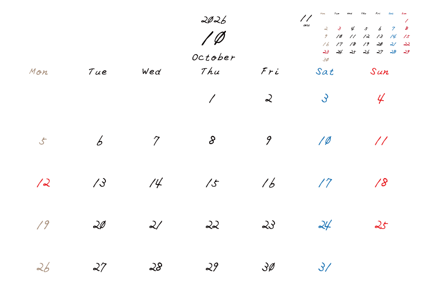 2026年10月のカレンダーPDF
月曜日はじまり
日曜赤、土曜青、月曜ベージュ