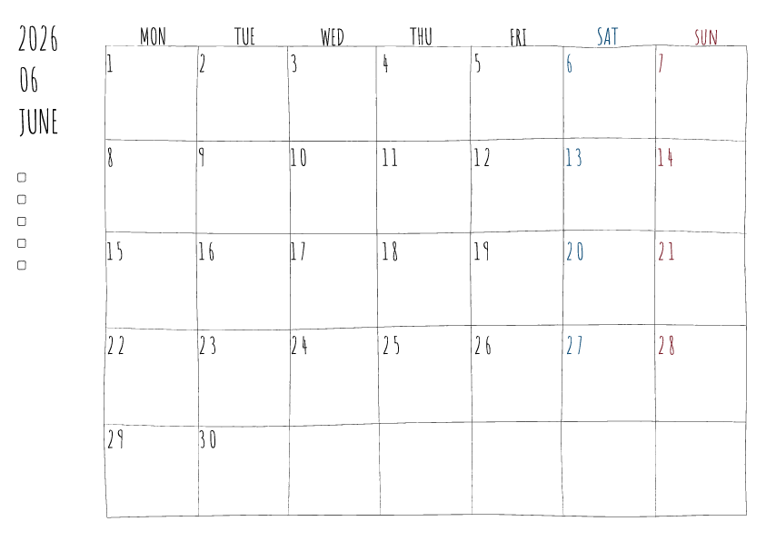 2026年6月の月間カレンダーのイラスト、月曜日始まり。 手書き風の柔らかな書体と線で描かれており、日曜日は赤色、土曜日は青色で数字が色分けされています。左側にはチェックボックス付きのメモ欄があり、全体的にシンプルでクリーンなデザインです。