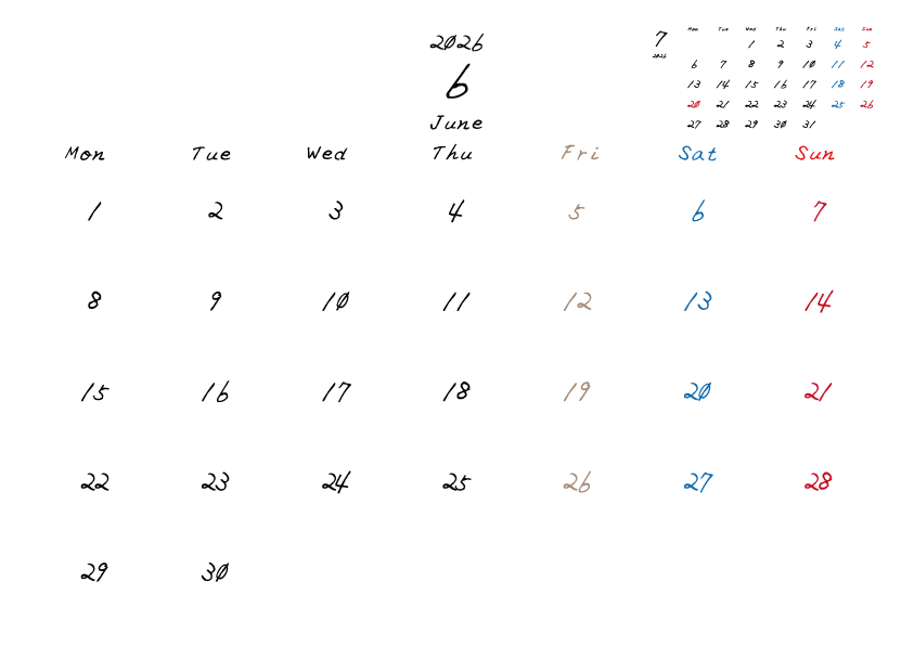 金曜日休みさんのための2026年6月の月間カレンダー。
月曜日始まり
手書き風のフォントで、金曜日がベージュ、日曜日は赤色、土曜日は青色、祝日は赤色で色分けされている。
右上には次月のミニカレンダー