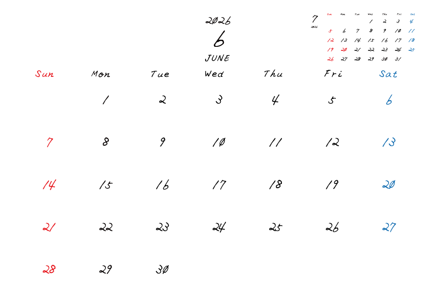 2026年6月のシンプル月間カレンダー
日曜日始まり
手書き風のフォントで、日曜日は赤色、土曜日は青色、祝日は赤色で色分けされている。
右上には次月のミニカレンダー
PDF A4サイズ