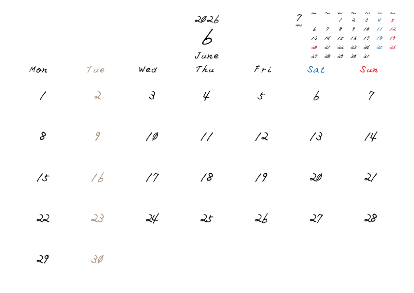 火曜日休みさんのための2026年6月の月間カレンダー。
月曜日始まり
手書き風のフォントで、火曜日がベージュ、日曜日は赤色、土曜日は青色、祝日は赤色で色分けされている。
右上には次月のミニカレンダー
PDF A4サイズ