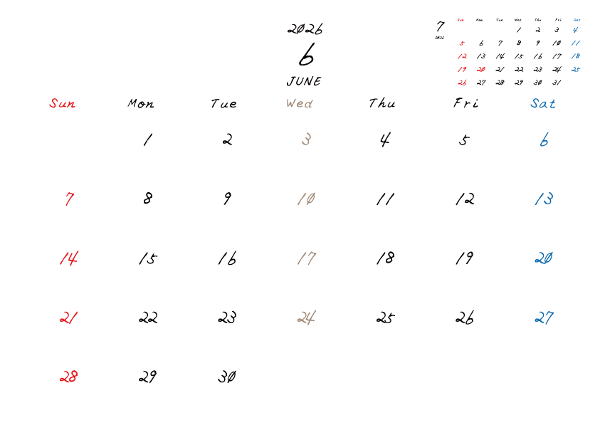 水曜日休みさんのための2026年6月の月間カレンダー。
日曜日始まり
手書き風のフォントで、水曜日がベージュ、日曜日は赤色、土曜日は青色、祝日は赤色で色分けされている。
右上には次月のミニカレンダー
PDF A4サイズ