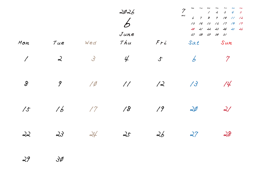 水曜日休みさんのための2026年6月の月間カレンダー。
月曜日始まり
手書き風のフォントで、水曜日がベージュ、日曜日は赤色、土曜日は青色、祝日は赤色で色分けされている。
右上には次月のミニカレンダー
PDF A4サイズ