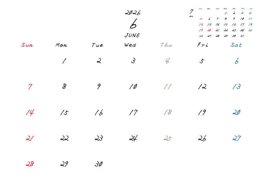 木曜日休みさんのための2026年6月の月間カレンダー。
日曜日始まり
手書き風のフォントで、木曜日がベージュ、日曜日は赤色、土曜日は青色、祝日は赤色で色分けされている。
右上には次月のミニカレンダー
PDF A4サイズ