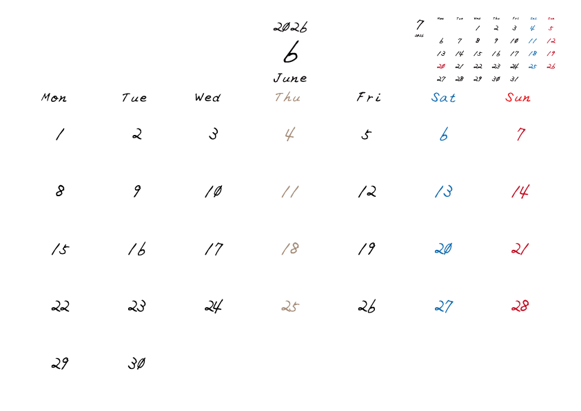 木曜日休みさんのための2026年6月の月間カレンダー。
月曜日始まり
手書き風のフォントで、木曜日がベージュ、日曜日は赤色、土曜日は青色、祝日は赤色で色分けされている。
右上には次月のミニカレンダー