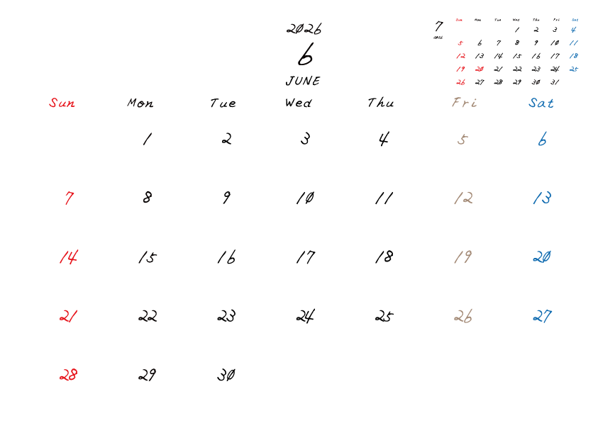 金曜日休みさんのための2026年6月の月間カレンダー。
日曜日始まり
手書き風のフォントで、金曜日がベージュ、日曜日は赤色、土曜日は青色、祝日は赤色で色分けされている。
右上には次月のミニカレンダー
PDF A4サイズ