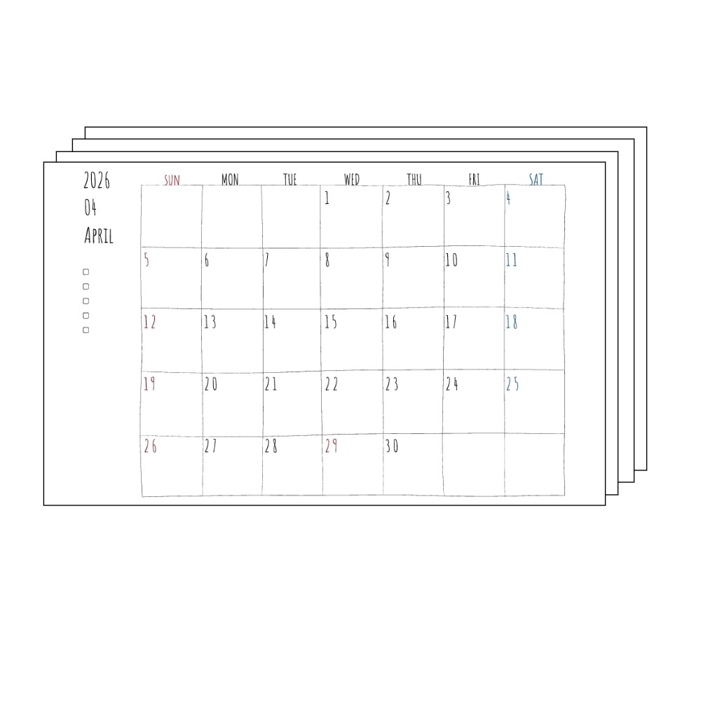 2026年4月~2027年3月までの月間カレンダーまとめPDF、日曜始まり。手書き風の柔らかな書体と線で描かれており、日曜日は赤色、土曜日は青色で数字が色分けされています。左側にはチェックボックス付きのメモ欄があり、全体的にシンプルでクリーンなデザインです。