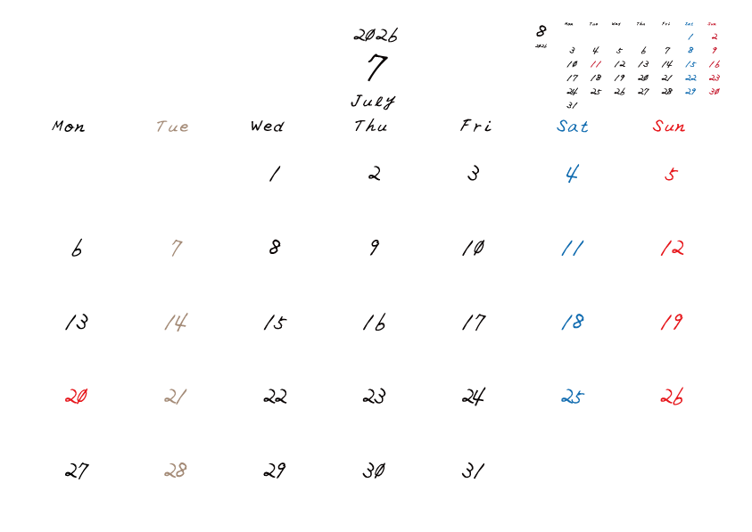 火曜日休みさんのための2026年7月の月間カレンダー。
月曜日始まり
手書き風のフォントで、火曜日がベージュ、日曜日は赤色、土曜日は青色、祝日は赤色で色分けされている。
右上には次月のミニカレンダー
PDF A4サイズ