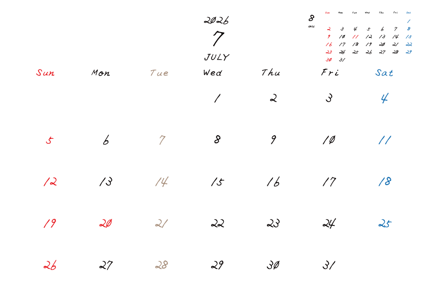 火曜日休みさんのための2026年7月の月間カレンダー。
日曜日始まり
手書き風のフォントで、火曜日がベージュ、日曜日は赤色、土曜日は青色、祝日は赤色で色分けされている。
右上には次月のミニカレンダー
PDF A4サイズ