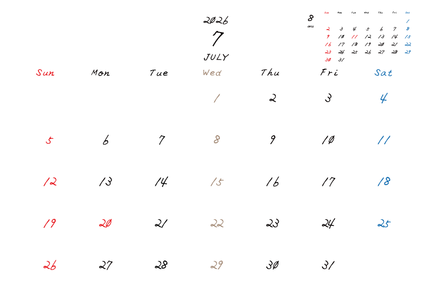 水曜日休みさんのための2026年7月の月間カレンダー。
日曜日始まり
手書き風のフォントで、水曜日がベージュ、日曜日は赤色、土曜日は青色、祝日は赤色で色分けされている。
右上には次月のミニカレンダー
PDF A4サイズ