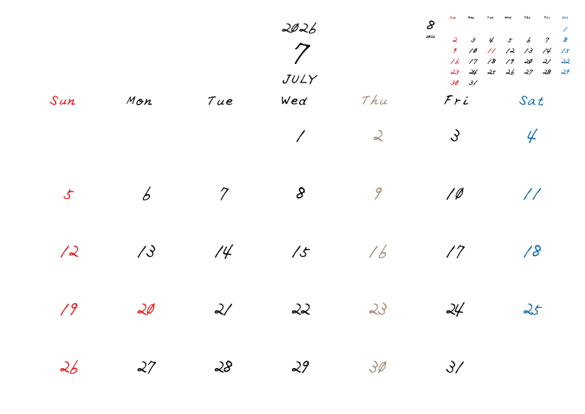 木曜日休みさんのための2026年7月の月間カレンダー。
日曜日始まり
手書き風のフォントで、木曜日がベージュ、日曜日は赤色、土曜日は青色、祝日は赤色で色分けされている。
右上には次月のミニカレンダー
PDF A4サイズ