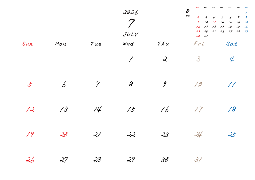 金曜日休みさんのための2026年7月の月間カレンダー。
日曜日始まり
手書き風のフォントで、金曜日がベージュ、日曜日は赤色、土曜日は青色、祝日は赤色で色分けされている。
右上には次月のミニカレンダー
PDF A4サイズ