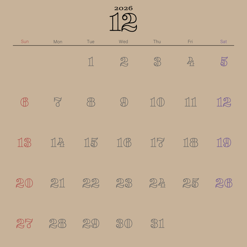 温かみのあるベージュ背景に、レトロなアウトライン・タイポグラフィを施したミニマルな2026年12月の月間カレンダー。日曜始まり。土曜日が青、日曜祝日が赤に色分け。
Retro December 2026 monthly calendar with minimalist outline numbers, Sunday start.