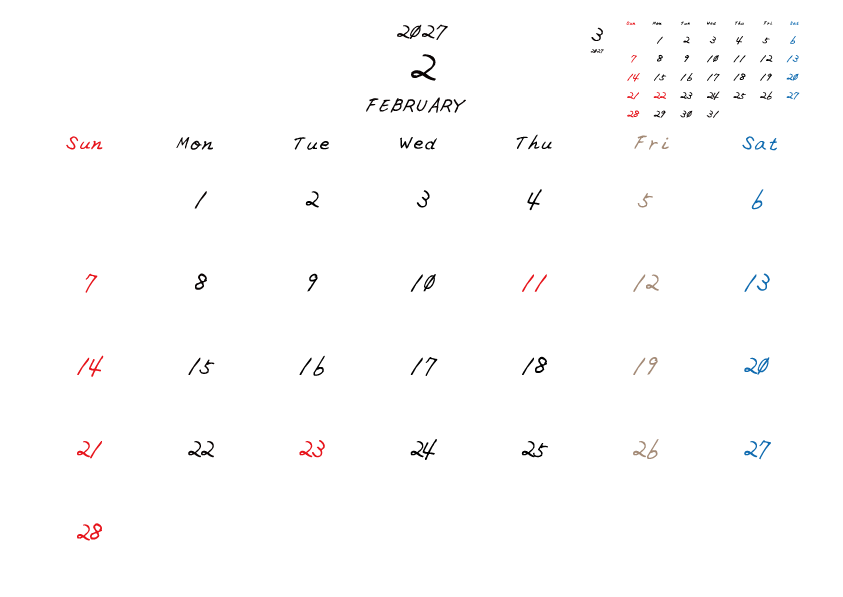 金曜日休みさんのための2027年2月の月間カレンダー。
日曜日始まり
手書き風のフォントで、金曜日がベージュ、日曜日は赤色、土曜日は青色、祝日は赤色で色分けされている。
右上には次月のミニカレンダー
PDF A4サイズ
