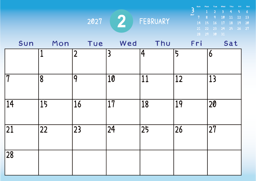 2027年2月
日曜始まりカレンダー
青のグラデーション背景に、右上に翌月のミニカレンダーを配置したデザイン

A Sunday-start February 2027 calendar with a blue gradient background and a small preview of the March calendar in the upper right corner.