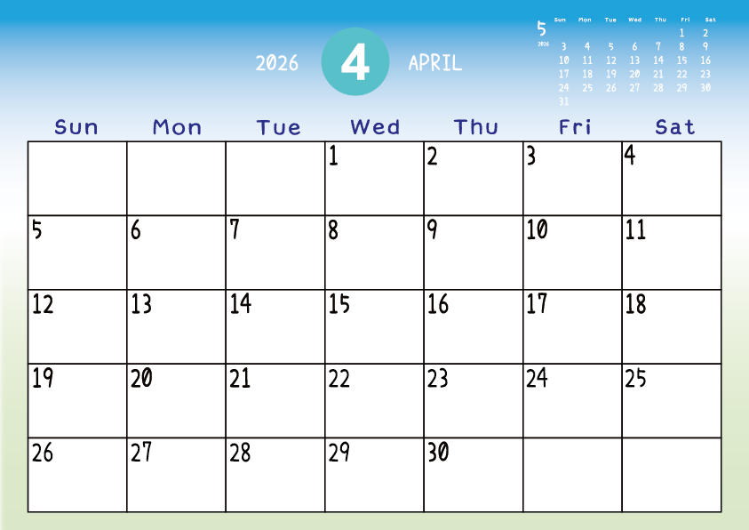 2026年4月
日曜始まりカレンダー
青から緑へのグラデーション背景に、右上に翌月のミニカレンダーを配置したデザイン

A Sunday-start April 2026 calendar with a blue-to-green gradient background and a small preview of the March calendar in the upper right corner.