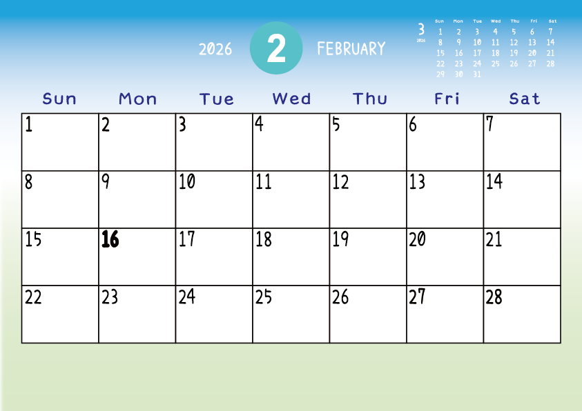 2026年2月　
日曜始まりカレンダー
青から緑へのグラデーション背景に、右上に翌月のミニカレンダーを配置したデザイン
主なUSHolidayが太字
A Sunday-start February 2026 calendar with a blue-to-green gradient background and a small preview of the March 2026 calendar in the upper right corner, with major US holidays shown in bold.