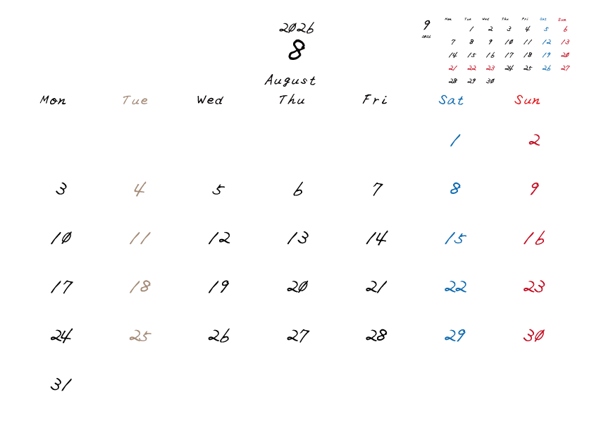 水曜日休みさんのための2026年8月の月間カレンダー。
月曜日始まり
手書き風のフォントで、火曜日がベージュ、日曜日は赤色、土曜日は青色、祝日は赤色で色分けされている。
右上には次月のミニカレンダー
PDF A4サイズ