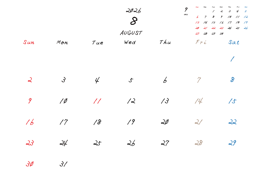 金曜日休みさんのための2026年8月の月間カレンダー。
日曜日始まり
手書き風のフォントで、金曜日がベージュ、日曜日は赤色、土曜日は青色、祝日は赤色で色分けされている。
右上には次月のミニカレンダー
PDF A4サイズ