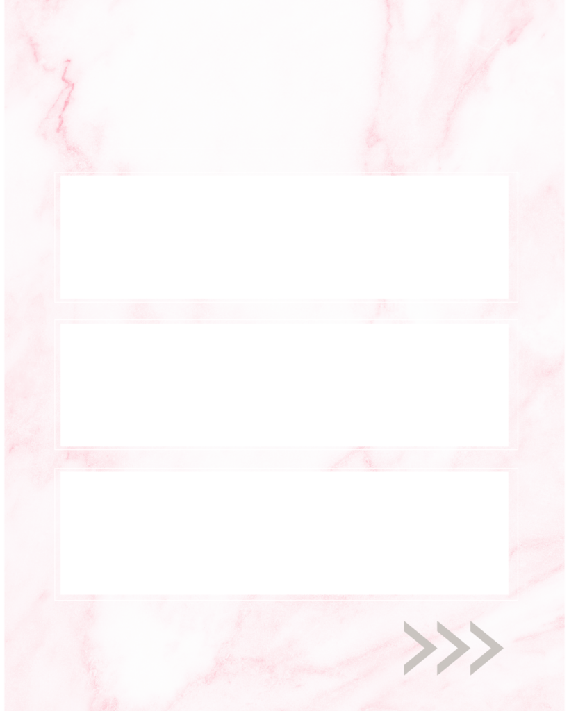 淡いピンクの大理石（マーブル）模様をベースに、中央に白い長方形のテキスト・画像スペースを縦に3つ並べた背景素材。右下にスワイプを促すグレーの「>>>」アイコンが入った、3つのポイント解説やリスト形式に便利な大人可愛いデザイン。
