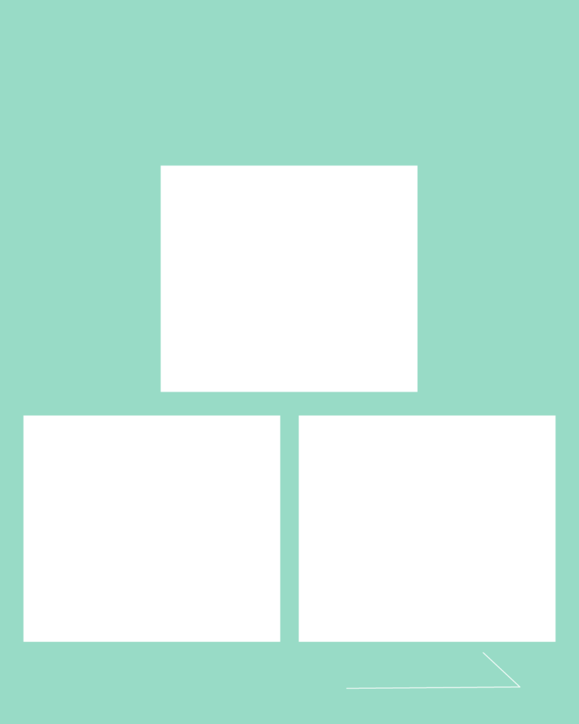 ミントグリーンの背景に3枚の白い横長長方形をピラミッド型に並べ、右下にシンプルな矢印を添えた、複数枚のレイアウトに便利で爽やかな無料デザインテンプレート。
