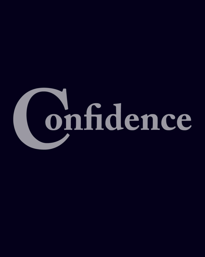 セリフ体の「Confidence」という文字情報、背景透過PNG、不透明度60%
