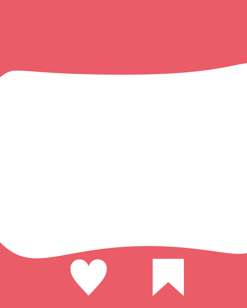 鮮やかなピンク色の背景の上下に、波打つような曲線を描く白い大きなシェイプが配置されたデザイン。中央部分は広く白くなっており、下部には白いハートのアイコンとしおり(ブックマーク)のアイコンが並んでいます。