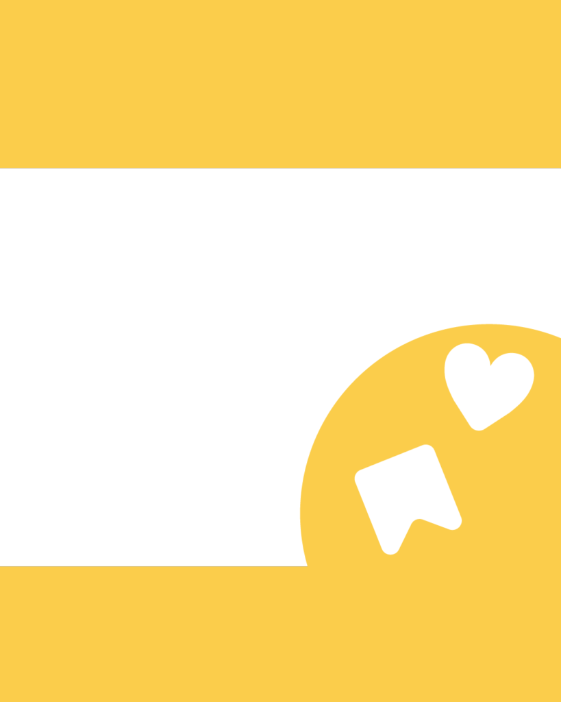 ミモザ・イエローのインスタ背景素材。上下に太い帯、中央に広がる大きな白い余白、右下には円の中にハートと保存のアイコンが配置されたデザイン。